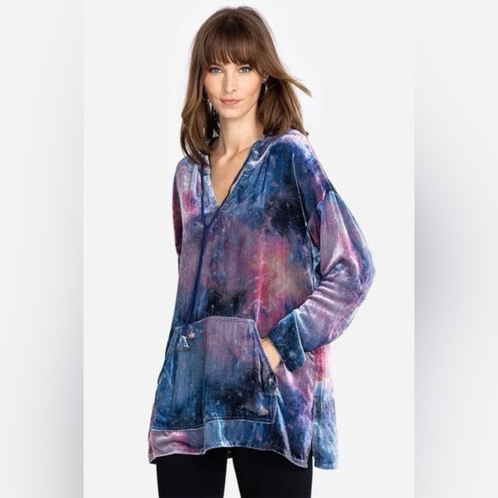 Johnny Was Nova Velvet Relaxed Hoodie in a colorful, celestial-inspired pattern.